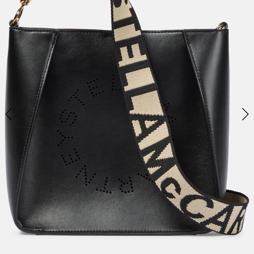 Stella McCartney Black Shoulder Bag with Beige Logo Strap
